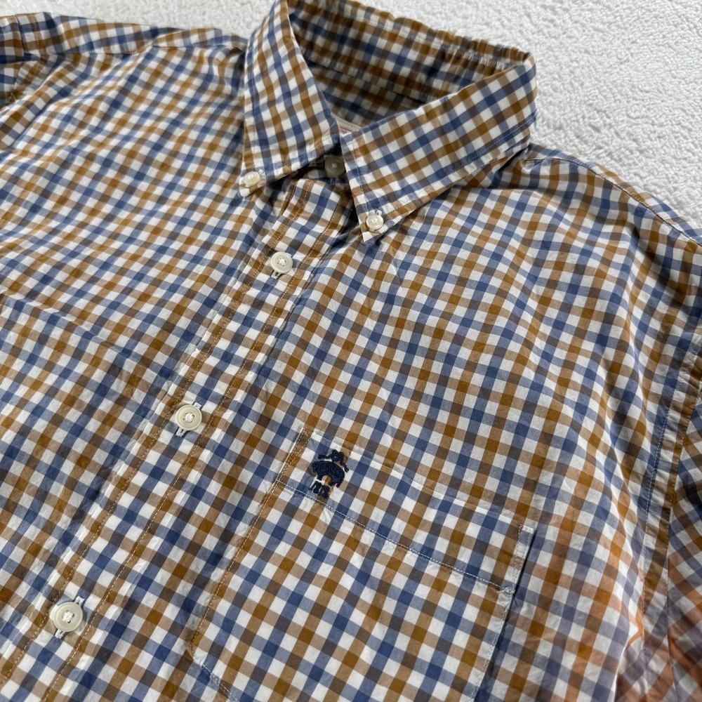 Brooks Brothers Red Fleece Button Down Shirt Plaid Large Orange Blue Pocket Logo